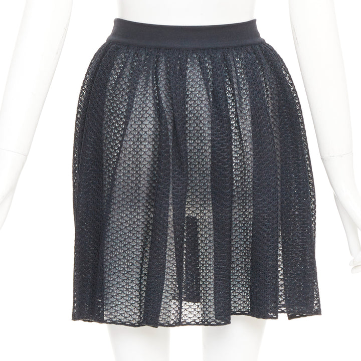 ALAIA black silk blend shiny scale cut out pleated flared skater skirt FR40 L