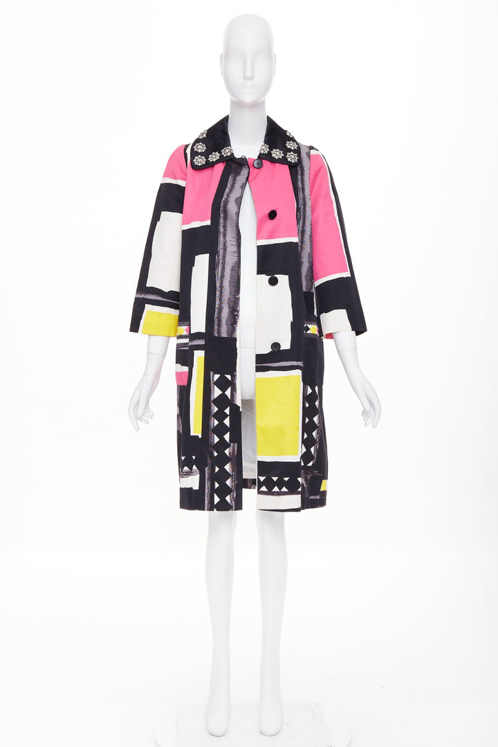 KENZO Defile vintage pink yellow black abstract crystal collar coat FR42 XL