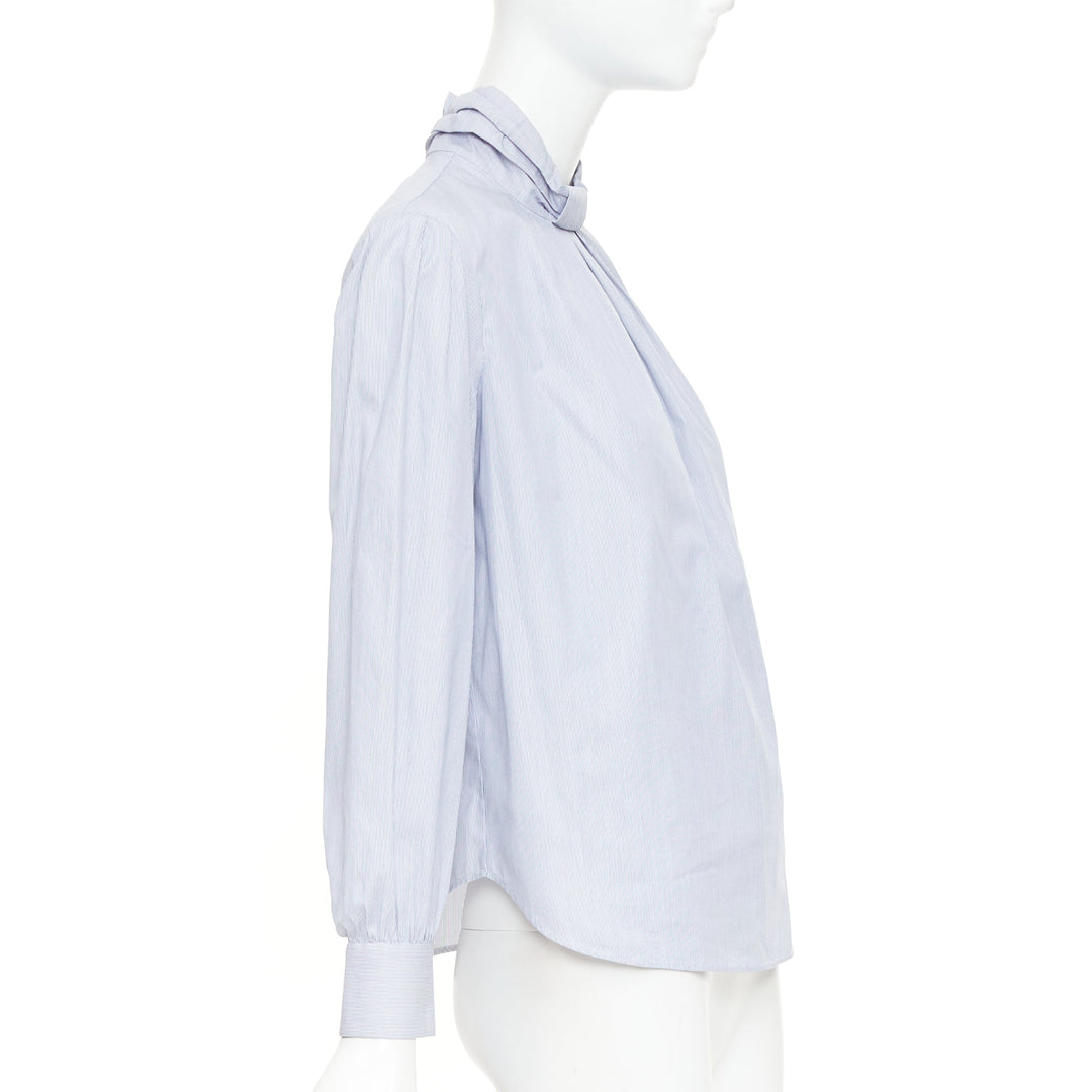 CELINE blue white pinstripe cotton high ruched collar puff sleeves blouse FR36 S
