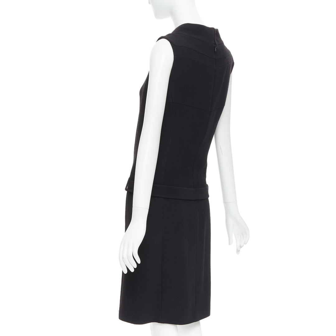 BALENCIAGA 2005 black wool blend drop waist panelled belted dress FR40 S