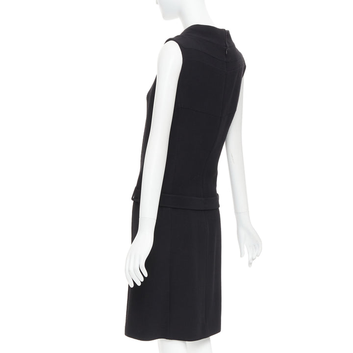 BALENCIAGA 2005 black wool blend drop waist panelled belted dress FR40 S