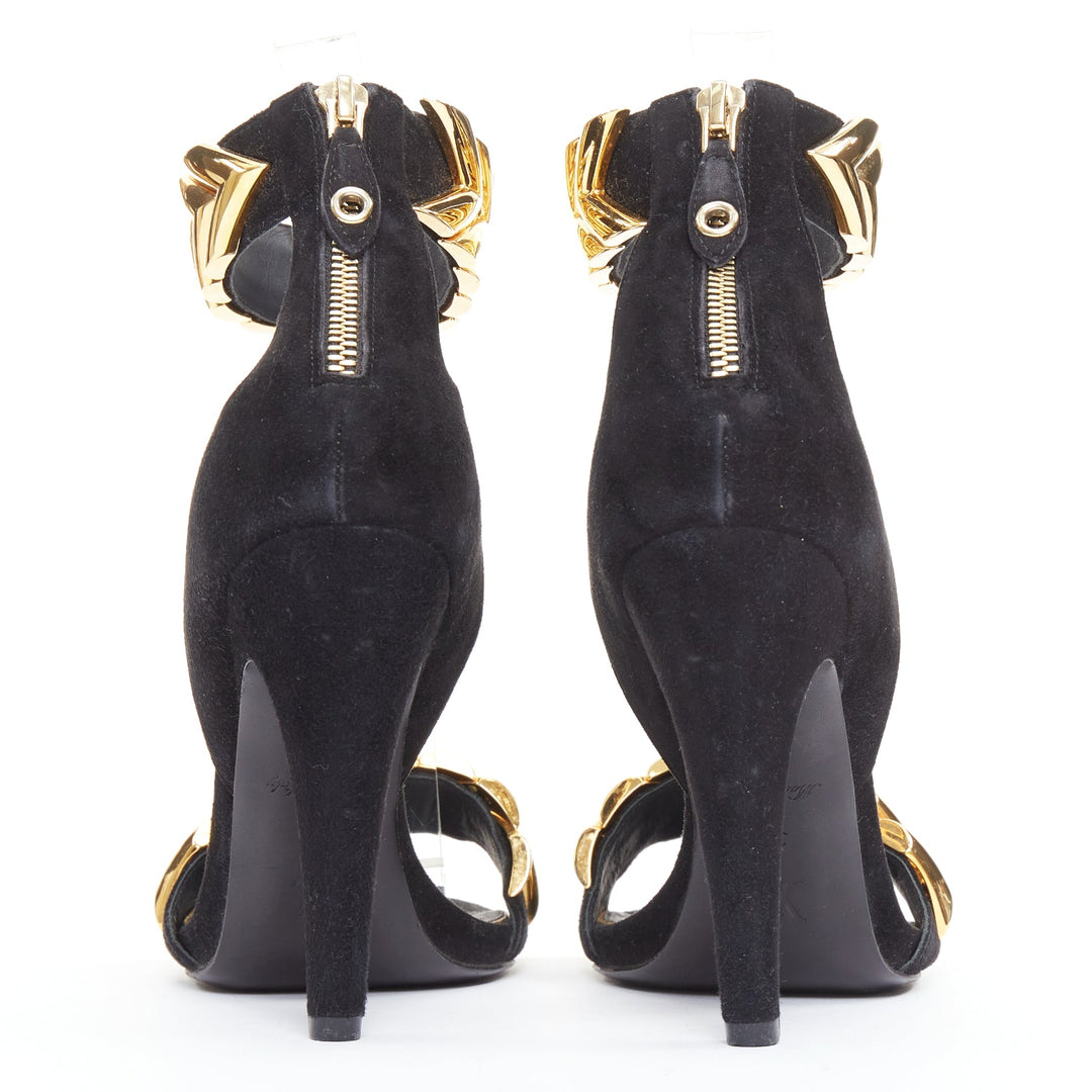 LOUIS VUITTON V Symphony black suede gold hardware high heel sandals EU38