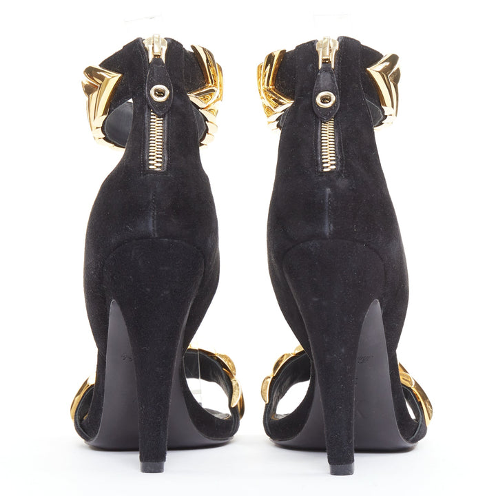 LOUIS VUITTON V Symphony black suede gold hardware high heel sandals EU38