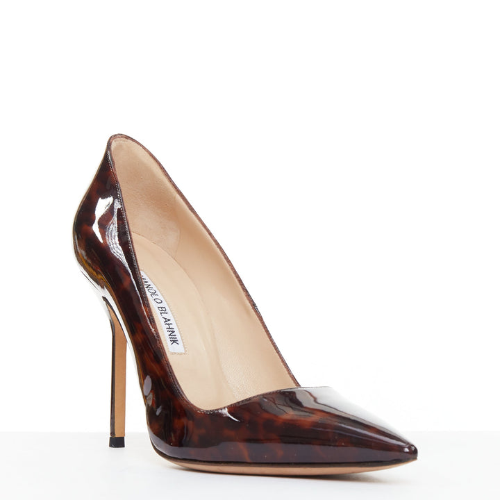 MANOLO BLAHNIK brown tortoise shell print patent stiletto pumps EU37.5