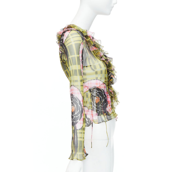 CHRISTIAN DIOR Galliano Vintage 2002 green pink silk ruffle wrap blouse FR36 S