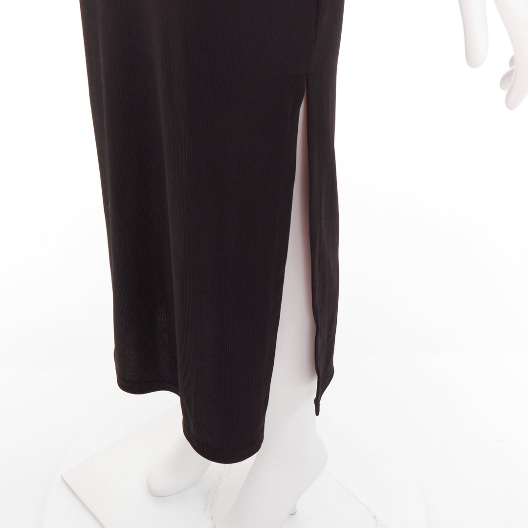 CHRISTOPHER ESBER black ribbed brown floral acrylic cut out bodycon dress UK6 XS