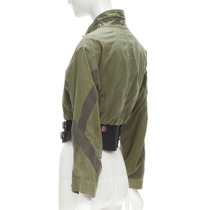 ALEXANDER WANG washed military green cotton leather biker hem cropped jacket S