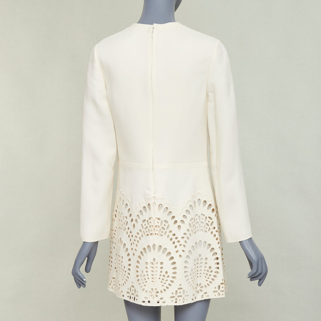 VALENTINO ivory wool silk crepe embroidered anglais shift dress IT40 S