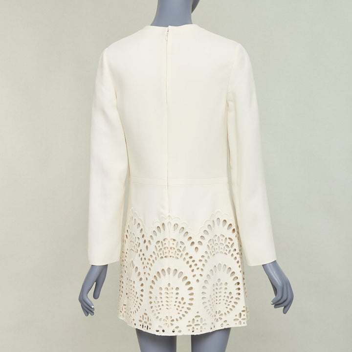 VALENTINO ivory wool silk crepe embroidered anglais shift dress IT40 S