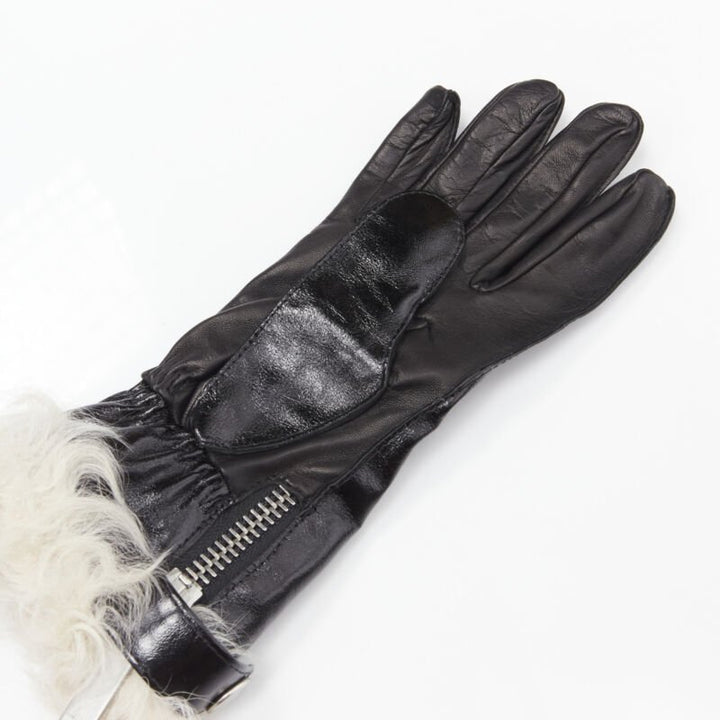 SAINT LAURENT 2017 black calf patent leather shearling lined biker glove