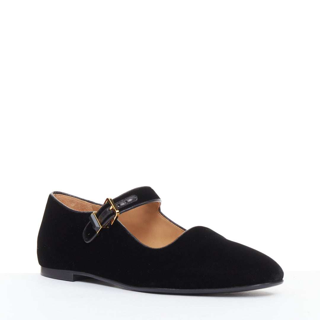 THE ROW Ava Mary Jane black velvet stone obsidian gold hardware flats EU37.5