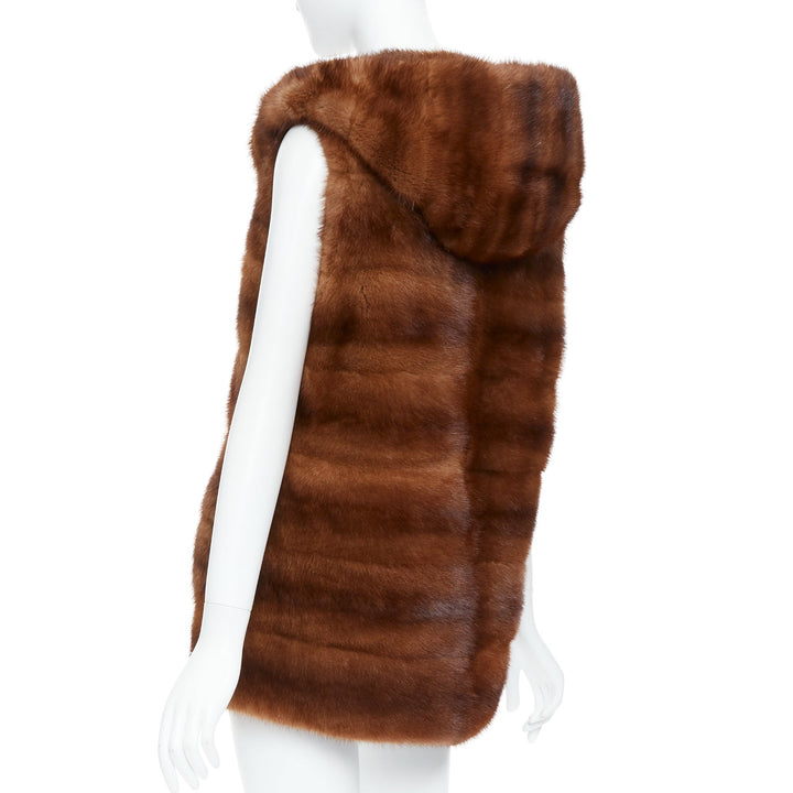 LUCIA PIERI brown real fur hooded patchwork tiered sleeveless vest