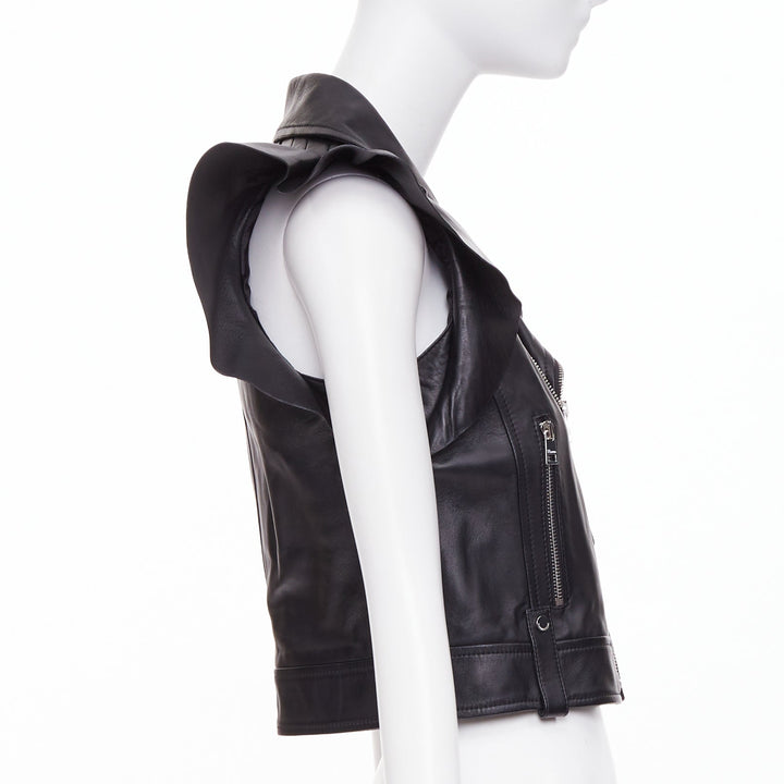 RED VALENTINO 2021  black lambskin leather ruffle biker vest jacket IT38 XS