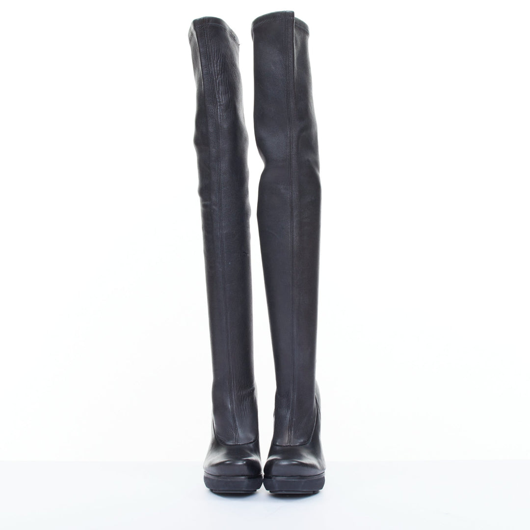 BALENCIAGA 2008 Runway smooth black leather horn cone heel platform boots EU37.5