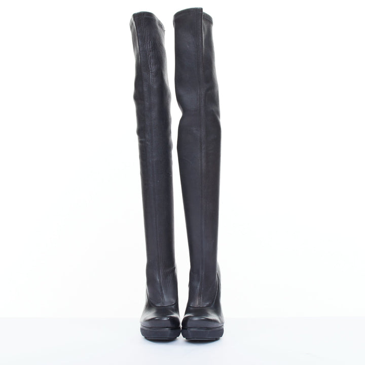 BALENCIAGA 2008 Runway smooth black leather horn cone heel platform boots EU37.5
