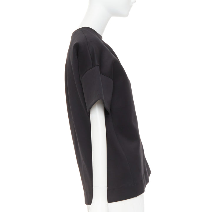BALENCIAGA 2015 Runway black neoprene pearl pin asymmetric draped boxy top S
