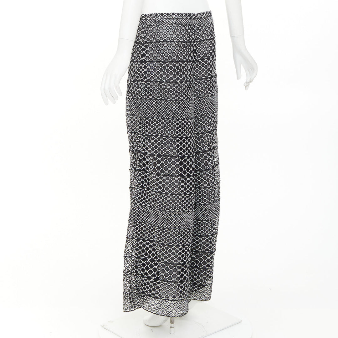 CHANEL black white geometric honeycomb guipure crochet knit wide pants FR42 XL