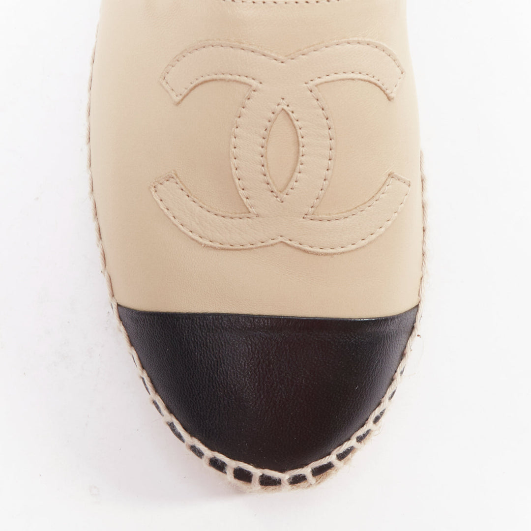 CHANEL nude black leather CC logo jute midsole espadrilles EU37