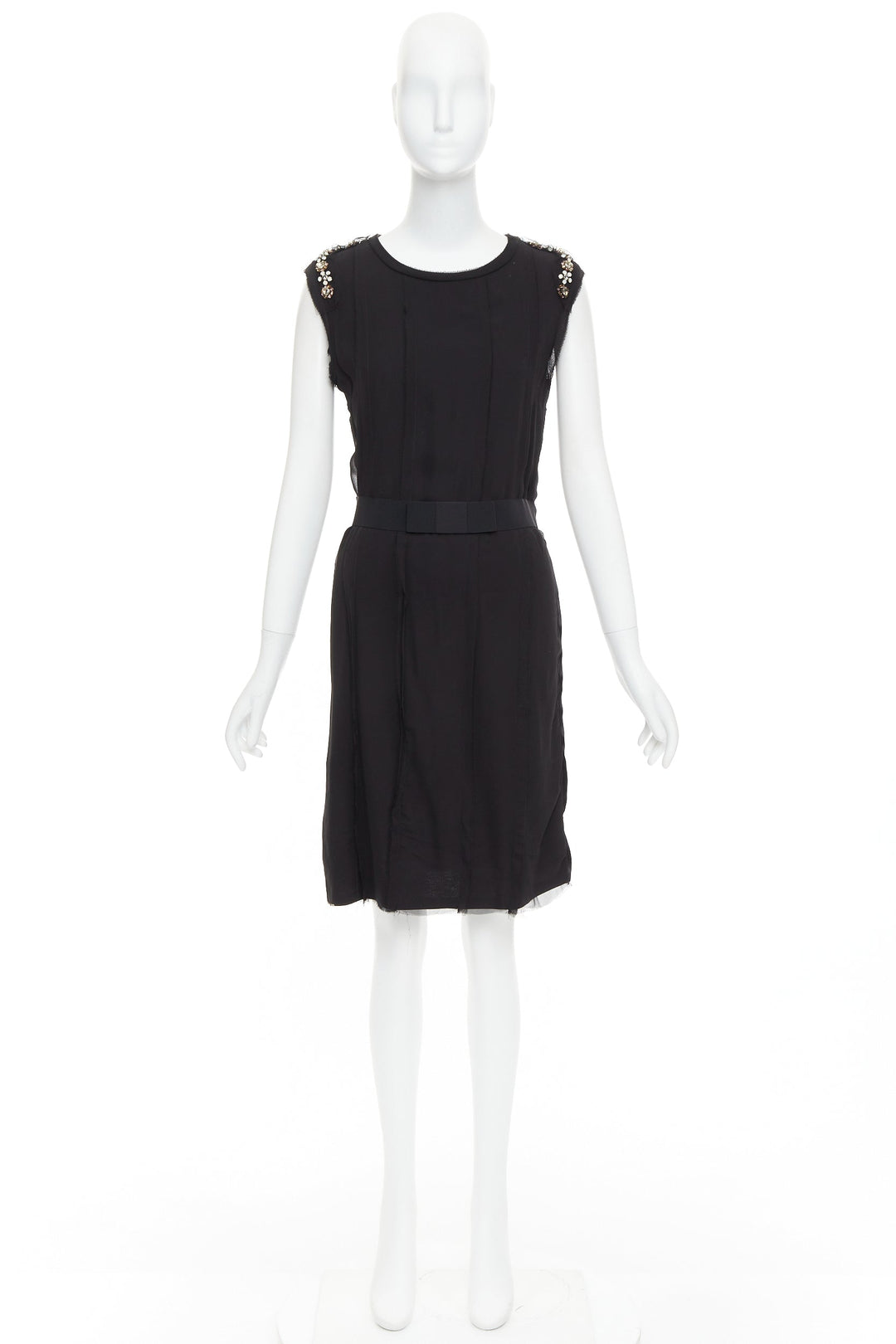 LANVIN black bamboo cotton crystal rhinestone belted dress M