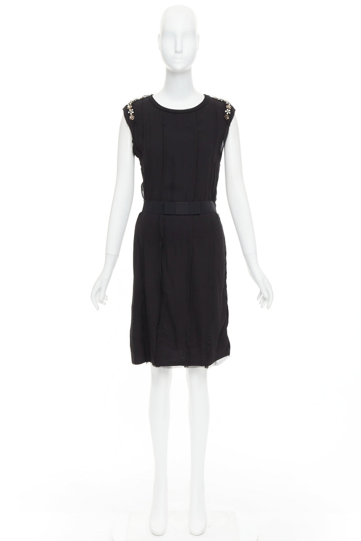 LANVIN black bamboo cotton crystal rhinestone belted dress M