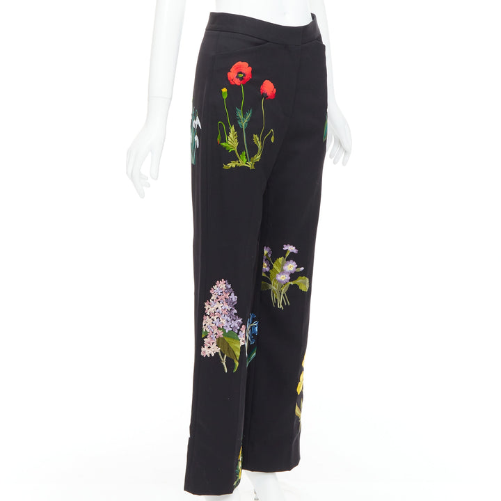 STELLA MCCARTNEY 2015 black 100% wool floral embroidery trousers IT36 XXS