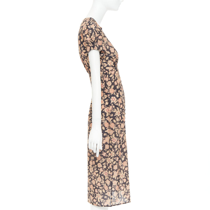 REALISATION Monica silk brown black floral shell buttons puff sleeve dress XS