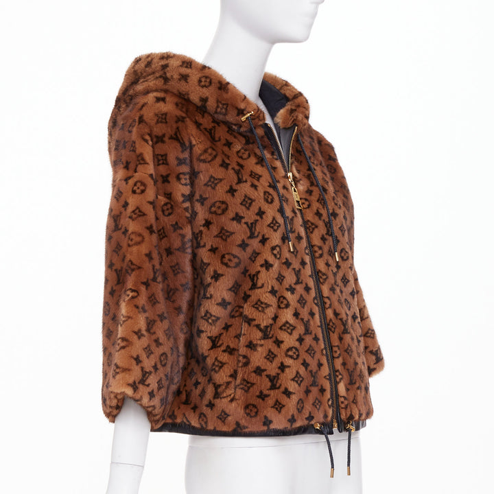 LOUIS VUITTON 2022 Monogram Mink Fur drawstring zip up hooded jacket FR34 XS