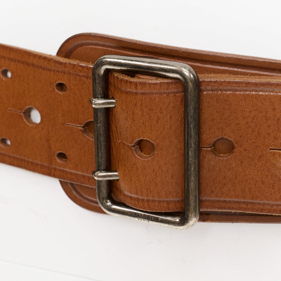 SAINT LAURENT  2015 brown leather chrome metal YSL stud wide military belt 75cm