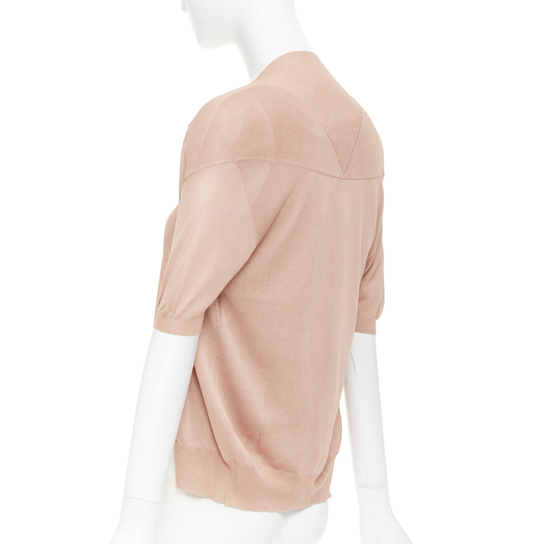 NINA RICCI beige pink 100% silk black button scoop neck cardigan vest set S