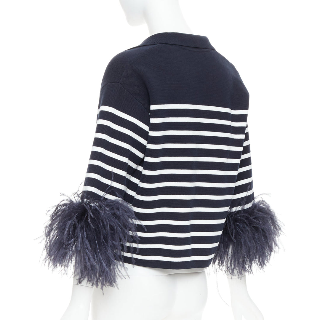 VALENTINO 2024 VGold navy white striped ostrich feather trim sleeve polo top XS