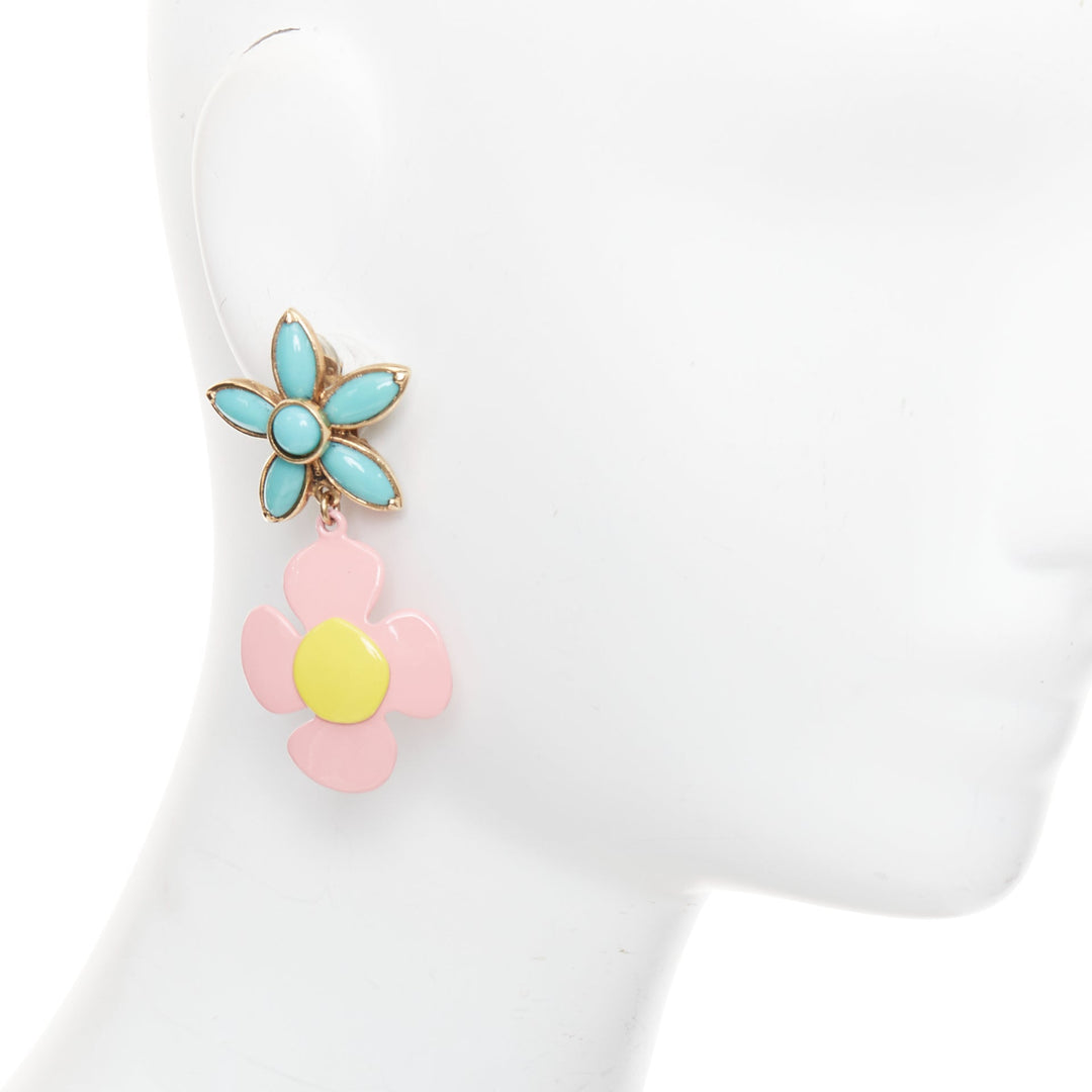 SAINT LAURENT 2021 Runway turquoise stone pink daisy enamel clip earrings Pair