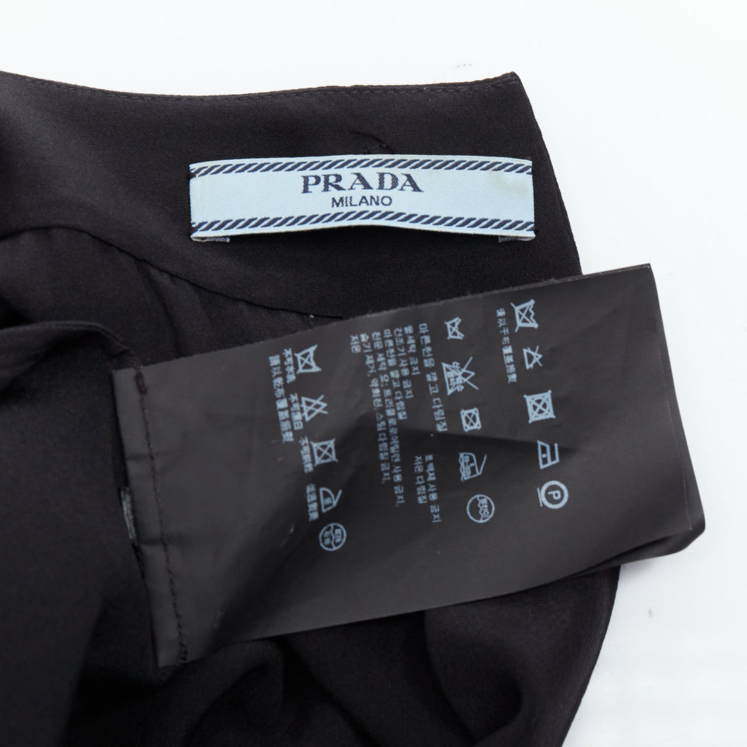 PRADA 2011 black 100% silk logo plastic buckle neck pleated top IT38 XS