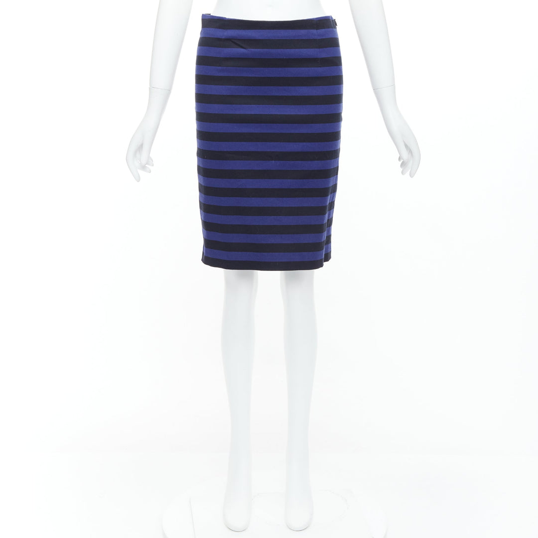 PRADA blue black striped back slit waist darts pencil skirt IT38 S