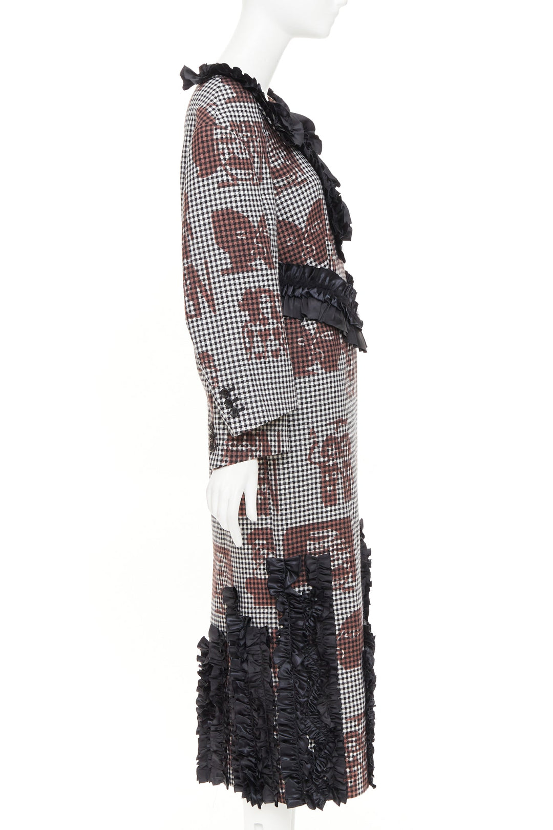 COMME DES GARCONS 2019 brown black wool gingham multi sleeve ruffle midi dress S