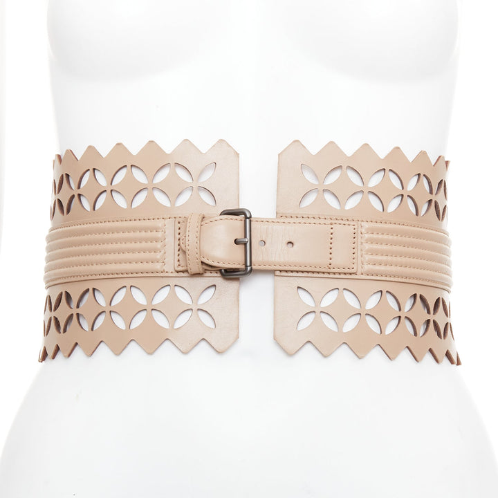 ALAIA  Vienne nude leather laser cut detail cinched corset wide belt 65cm