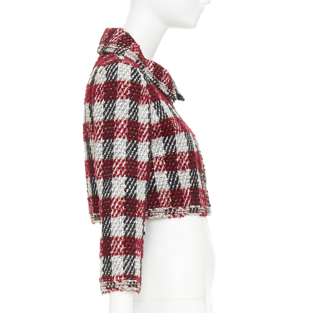 CHANEL 16A Runway burgundy checked tweed cropped zip-up jacket FR40 M