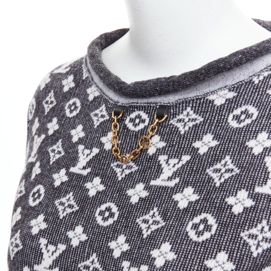 LOUIS VUITTON grey cream wool cotton monogram long sleeve top XS