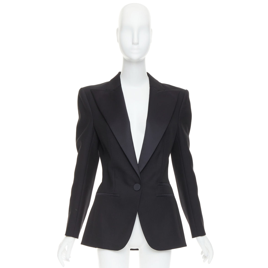 ALEXANDRE VAUTHIER black wool satin peak lapel single breasted tuxedo blazer