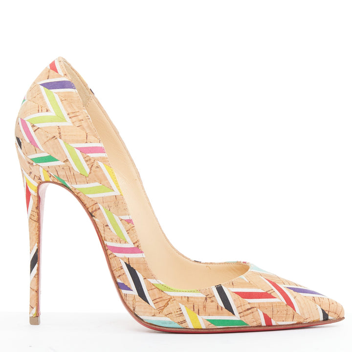 CHRISTIAN LOUBOUTIN So Kate Cork Chevron beige colourful calfskin pumps EU36.5