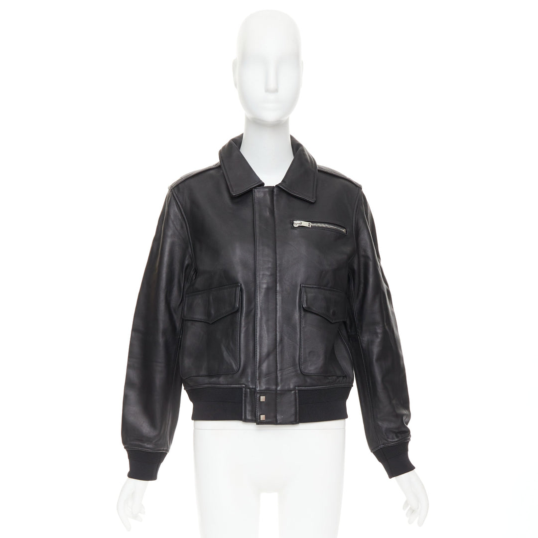 SAINT LAURENT 2020 black sheepskin leather pocketed flight jacket L