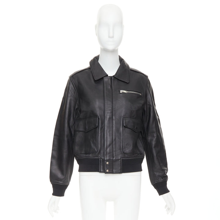 SAINT LAURENT 2020 black sheepskin leather pocketed flight jacket L