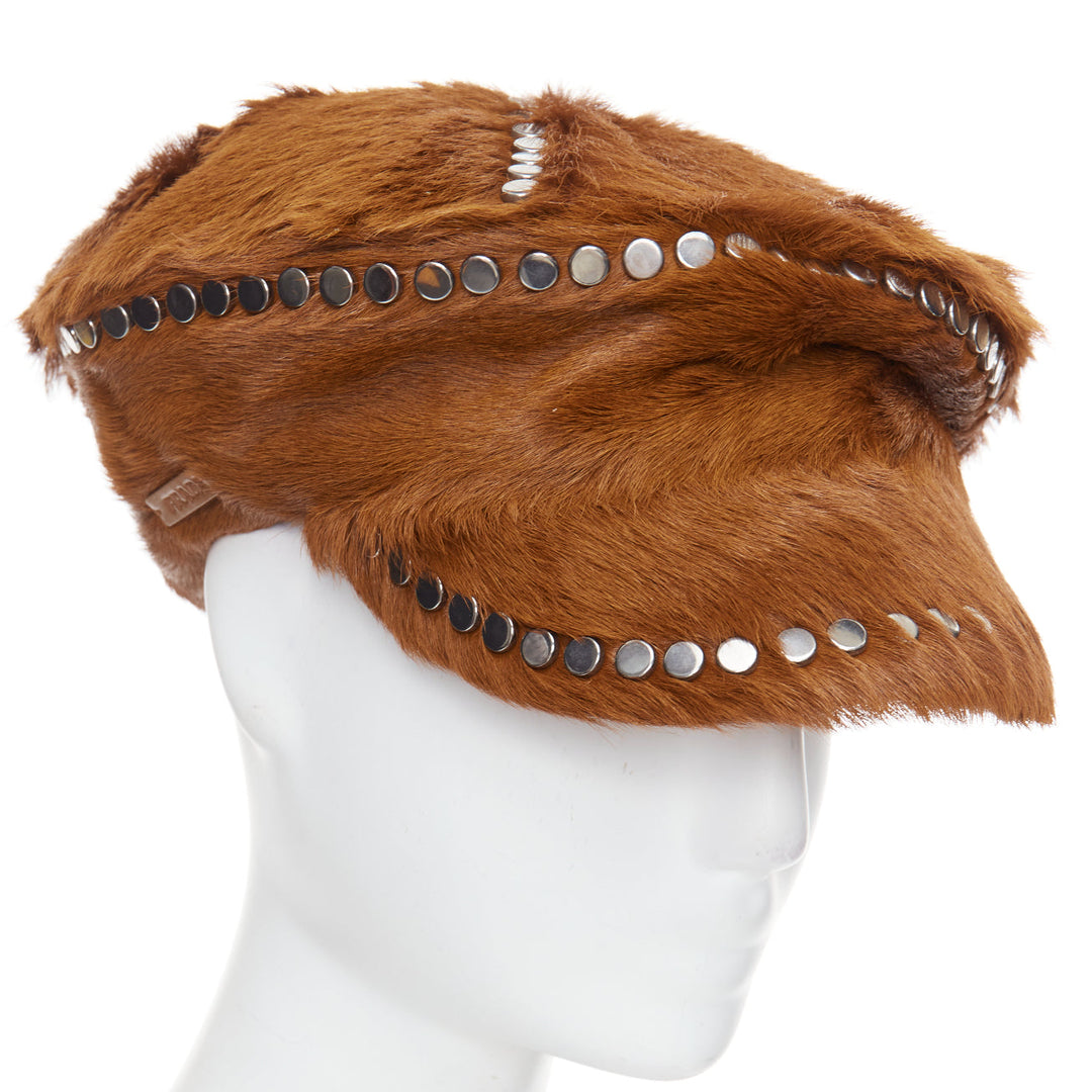 PRADA Runway cognac dyed calf fur silver studded cotton lined newsboy hat M