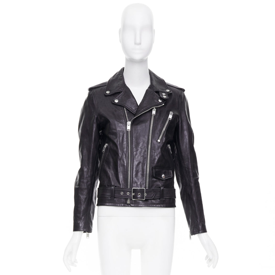 SAINT LAURENT 2016 L17 black calfskin leather buckled moto biker jacket FR44 XS