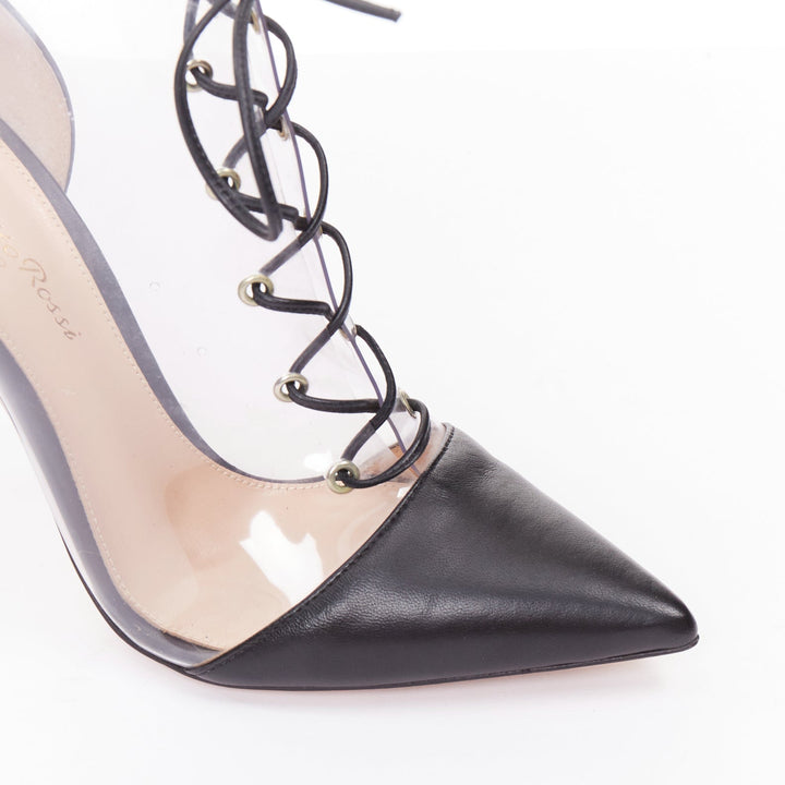 GIANVITO ROSSI clear PVC clear black leather toe cap lace up ankle booties EU36