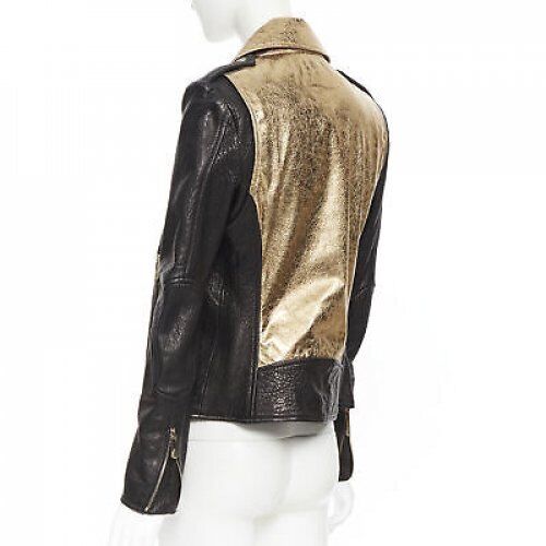 FAITH CONNEXION black pebble leather metallic gold back moto biker jacket FR38 S