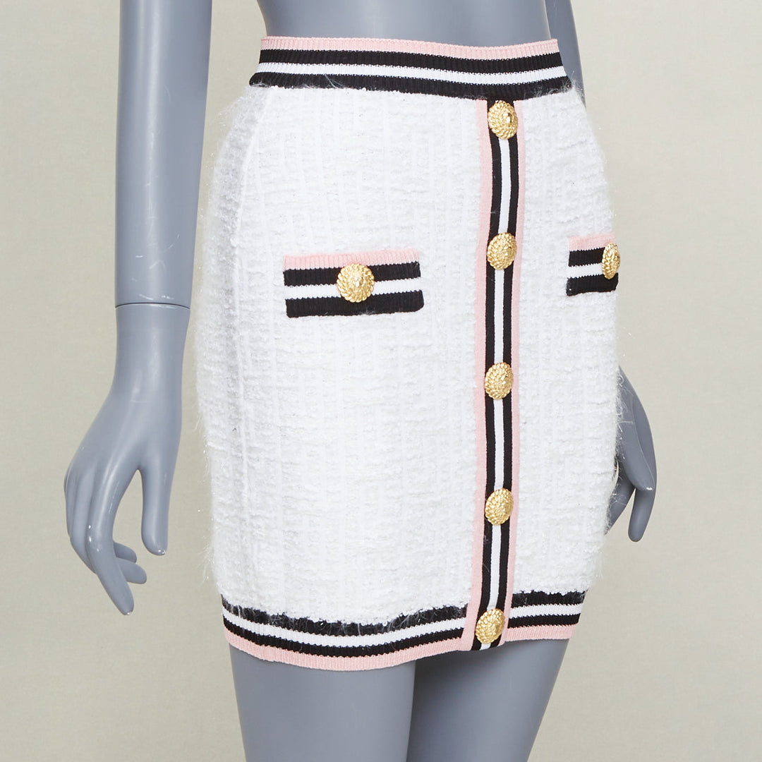 BALMAIN white knit tweed striped border lion head button mini skirt FR34 XXS