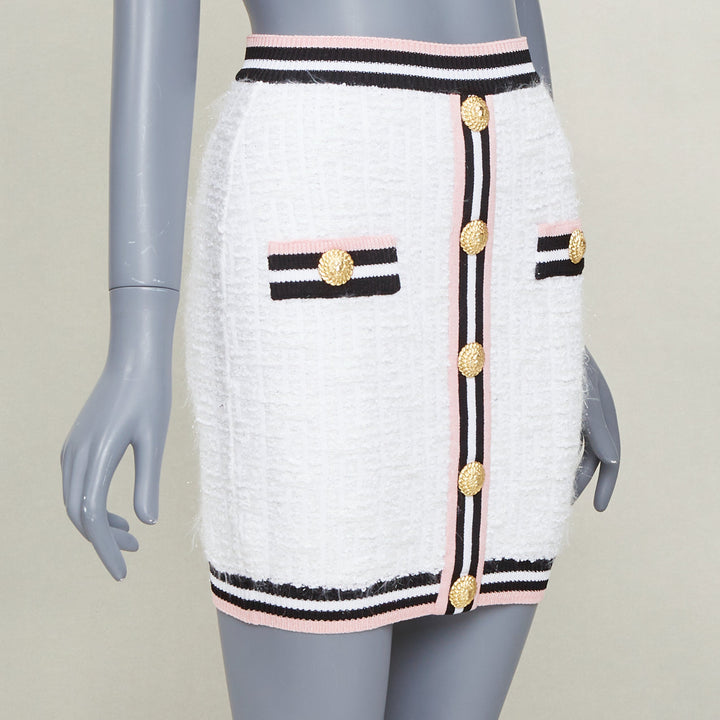 BALMAIN white knit tweed striped border lion head button mini skirt FR34 XXS