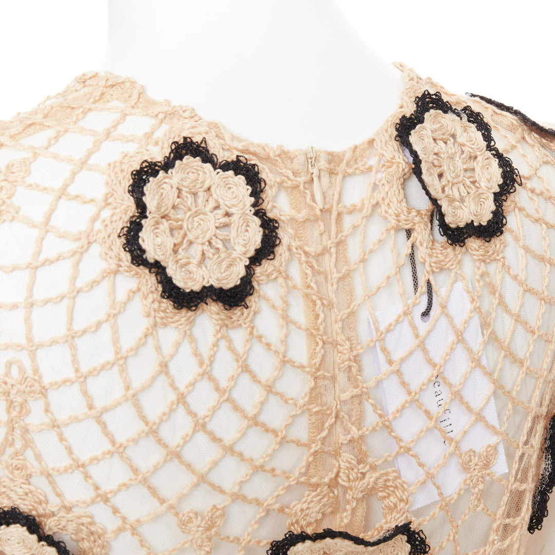 BEAUFILLE Zelle beige black braided jute black floral applique macrame dress L