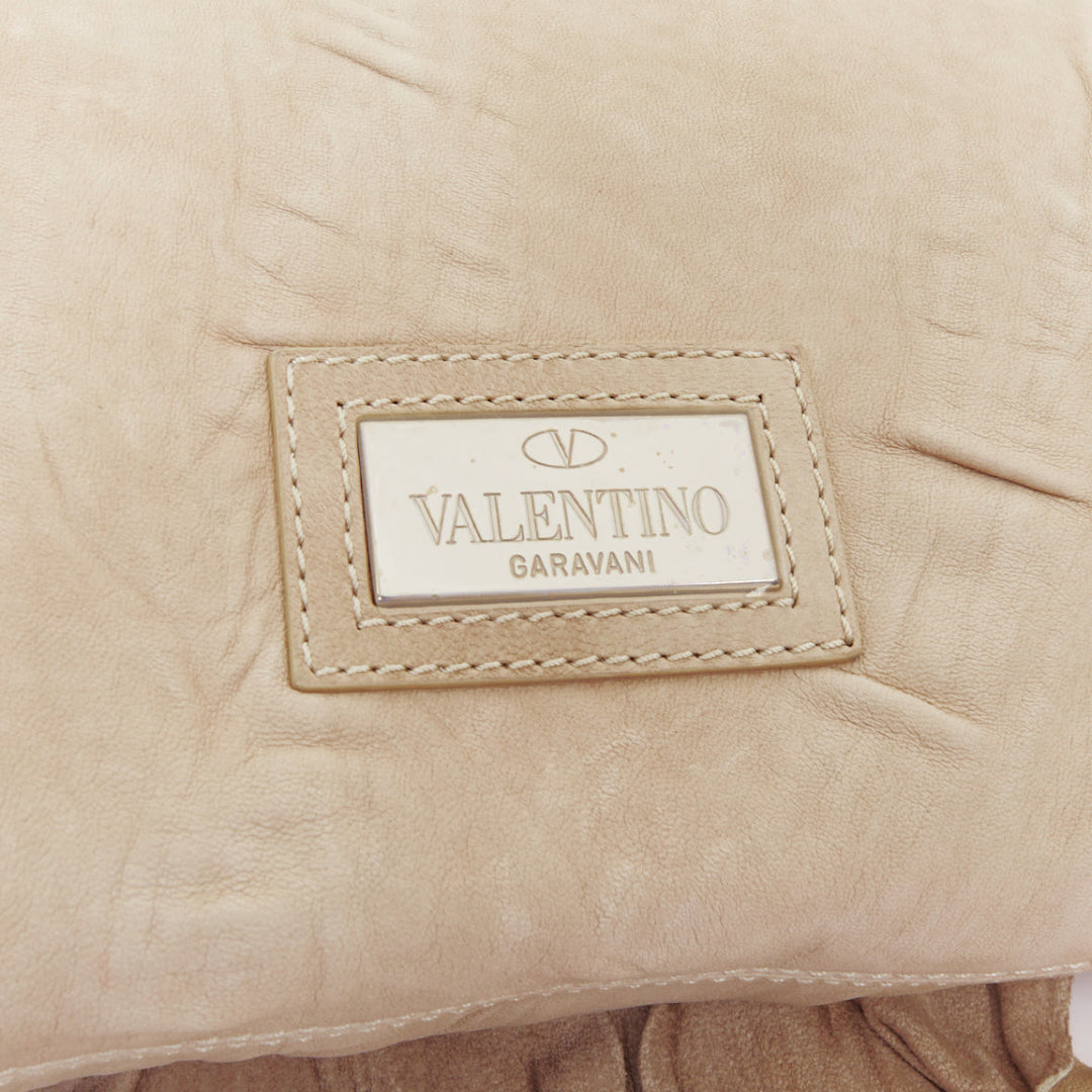 VALENTINO taupe leather crinkled petal rose applique flap crossbody bag
