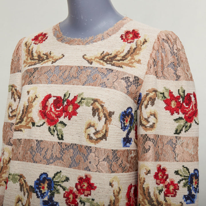 DOLCE GABBANA 2012 Runway baroque floral needlepoint sheer lace shift dress IT44